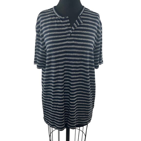VINCE Navy White Top Linen Striped Henley Neck Short Sleeve Classic Size Large L - Picture 1 of 11